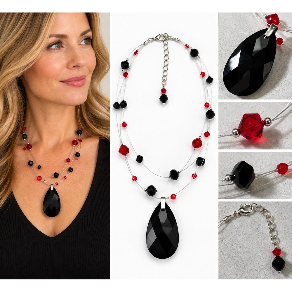 Womens Black Red Crystal Teardrop Pendant Necklace Multi Strand Illusion Goth